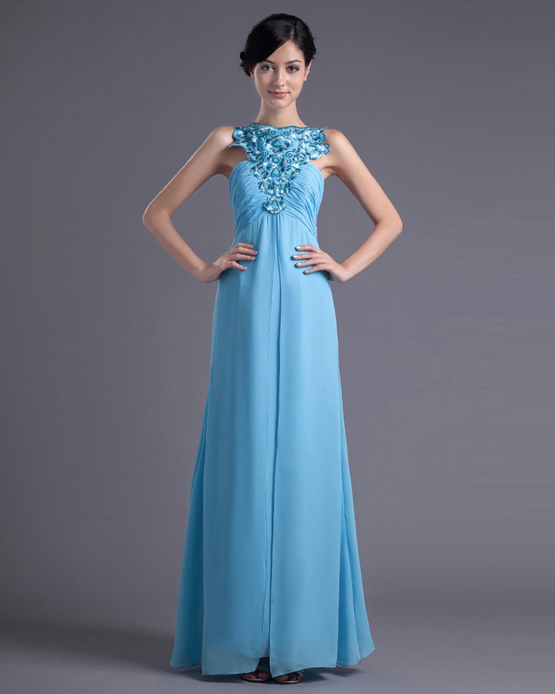 Fashion Chiffon Pleated Applique Bateau Floor Length Evening Dress
