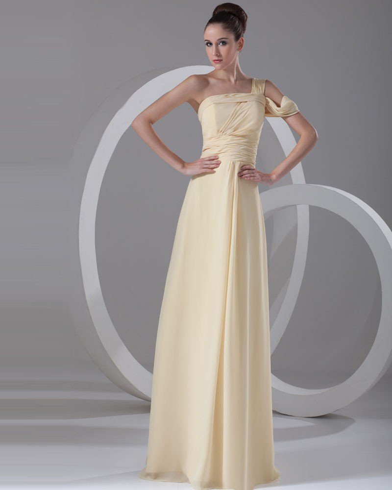 One Shoulder Pleated Floor Length Chiffon Evening Dress