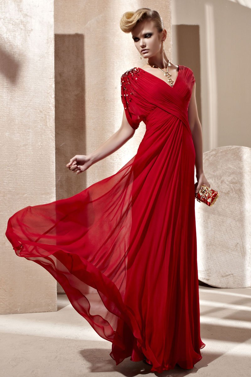 V Neck Beading Ruffle Short Sleeve Floor Length Composite Filament Woman Evening Dress