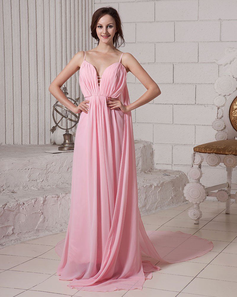 Elegant Solid Ruffle Deep V Neck Sleeveless Zipper Chiffon Evening Dress