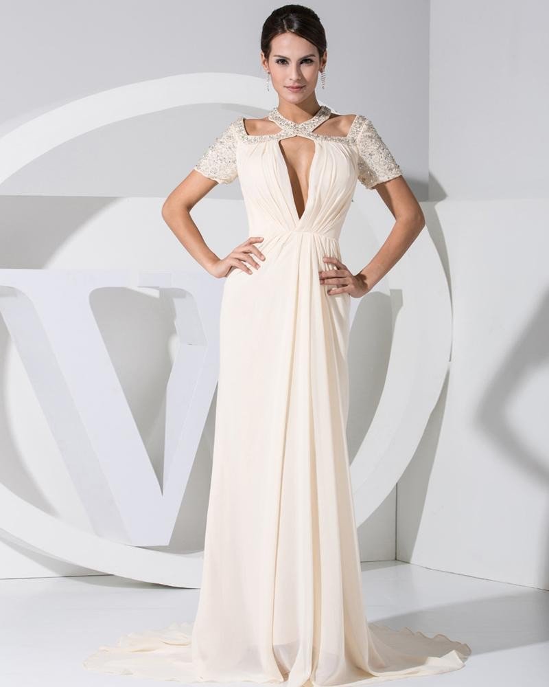 Chiffon Satin Spaghetti Straps Beading Zipper Short Sleeve Court Train Celebrity Dress