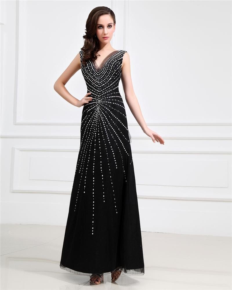 Junoesque Tulle V Neck Floor Length Sheath Women's Evening Dress