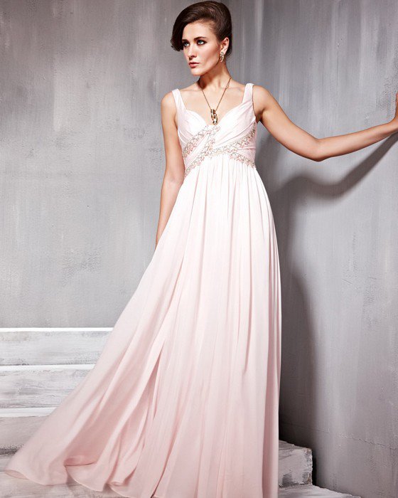 Beaded Ruffle Imitated Silk Chiffon Charmeuse V Neck Floor Length Evening Dresses