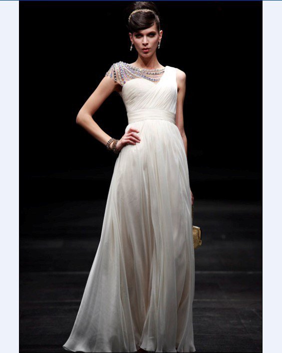Empire One Shoulder Sleeveless Floor Length Bead Satin Chiffon Evening Dresses