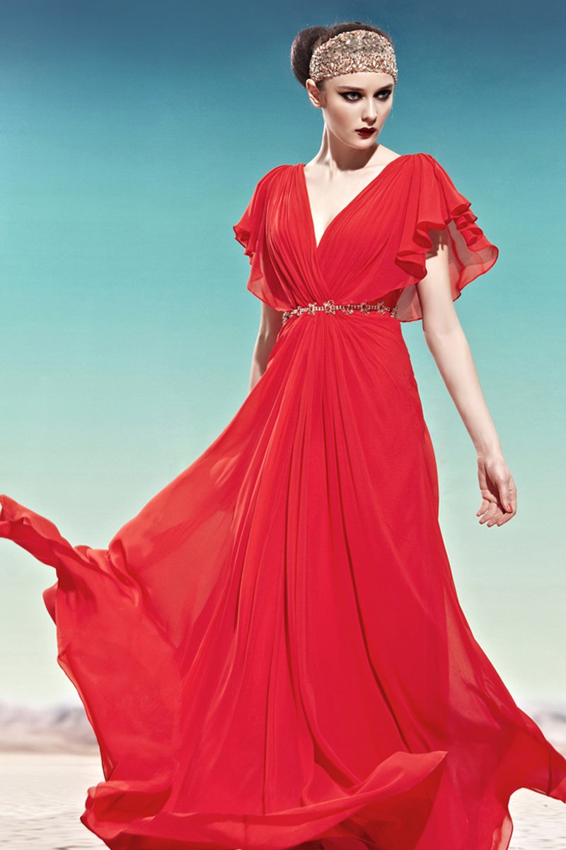 V Neck Rhinestone Ruffle Short Puff Sleeve Backless Floor Length Tencel Woman Evening Dresses