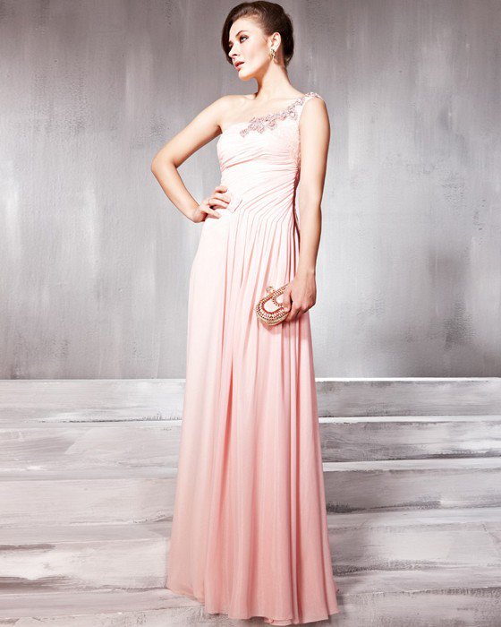Beaded Pleated Tulle Silk Charmeuse One Shoulder Floor Length Evening Dresses