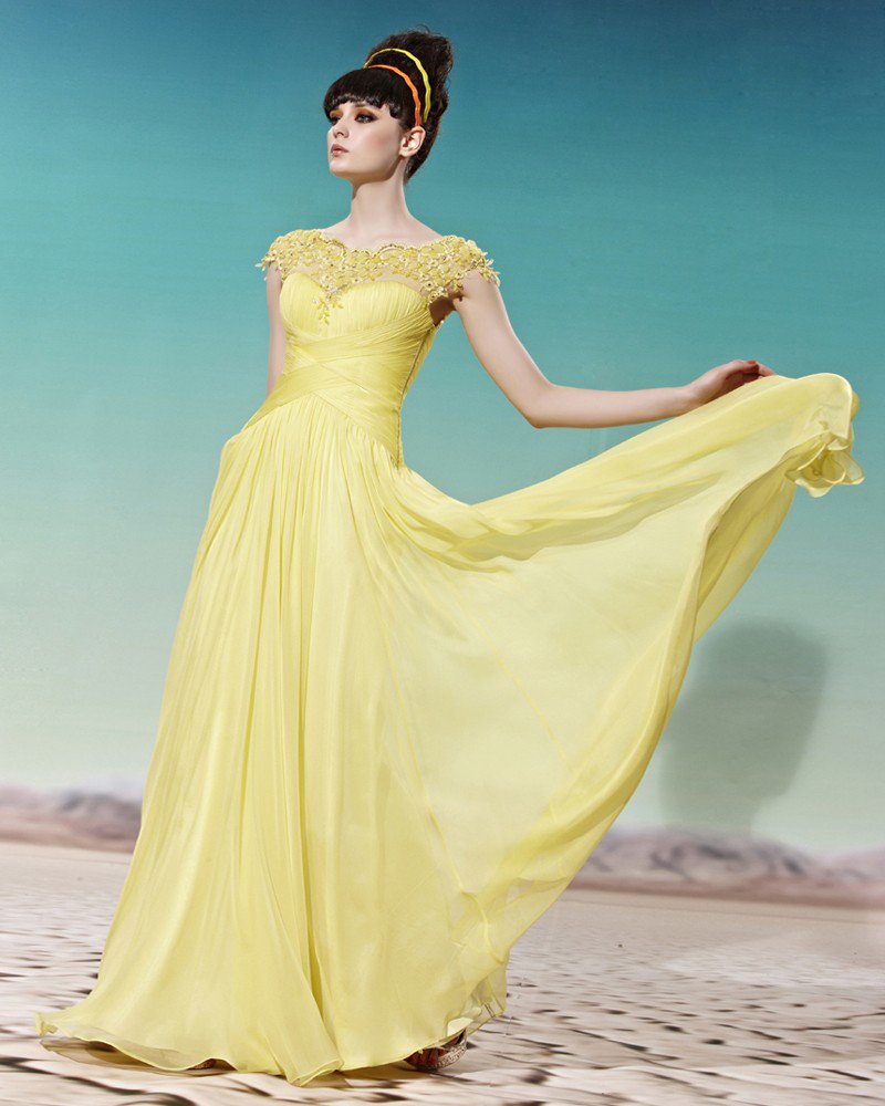 Floor Length Round Neckline Lace Beading Tencel Empire Woman Evening Dress