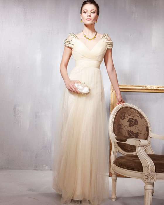 Beading Layered V Neck Floor Length Evening Dresses