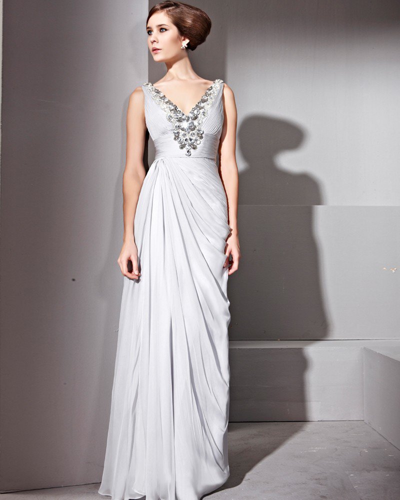 Floor Length V-Neck Sleeveless Tencel Evening Dresses