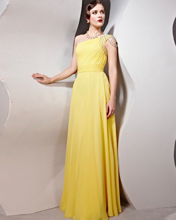 Beaded Ruffle Cotton Charmeuse One Shoulder Floor Length Evening Dresses