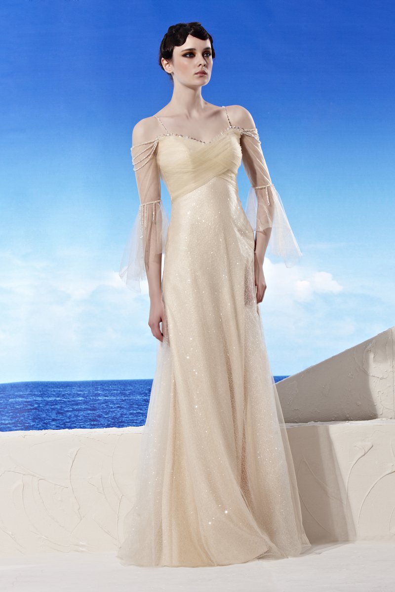 Strapless Neckline Bell Sleeve Floor Length Beading Charmeuse Empire Woman Evening Dress
