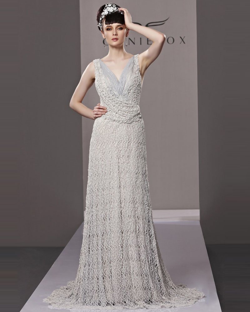 V Neck Floor Length Beading Tulle Woman Evening Dress