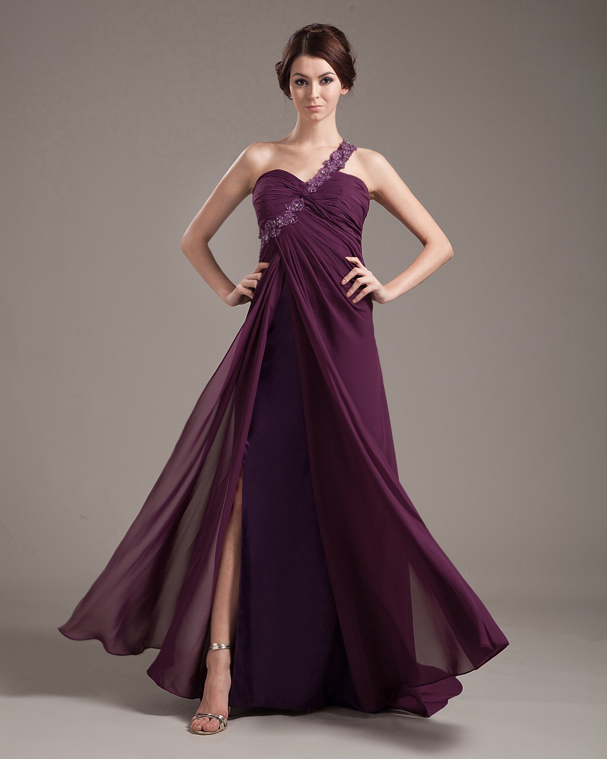 Chiffon Handcraft Flowers Bead Pleated Floor Length Evening Dress