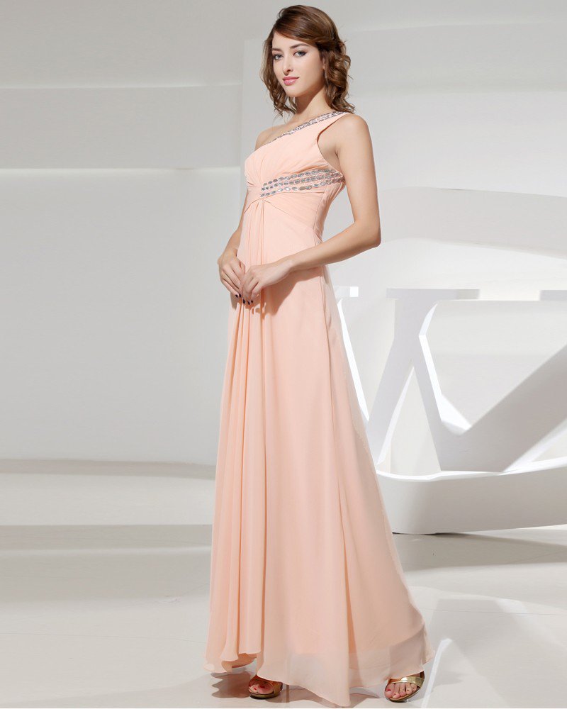 One Shoulder Backless Sleeveless Beading Ruffle Floor Length Chiffon Silk Woman Evening Dress
