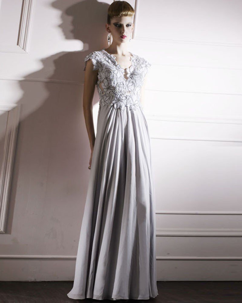 Cloth Tulle Charmeuse V-neck Bead Floor Length Evening Dress