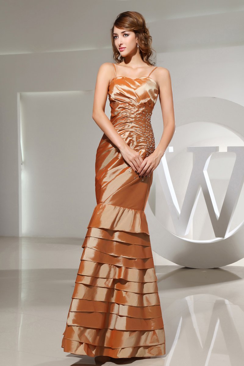 Sweetheart Spaghetti Sleeveless Backless Ruffle Beading Charmeuse Silk Woman Evening Dress