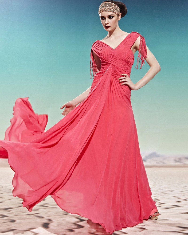 Tencel Floor Length Tassles Beading V Neck Sleeveless Empire Woman Evening Dress