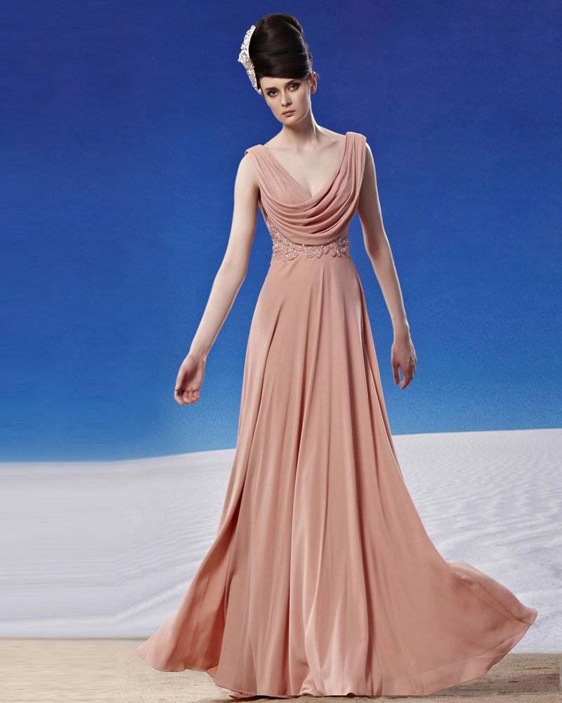 V Neckline Floor Length Beading Chiffon Pleated Women Evening Dress