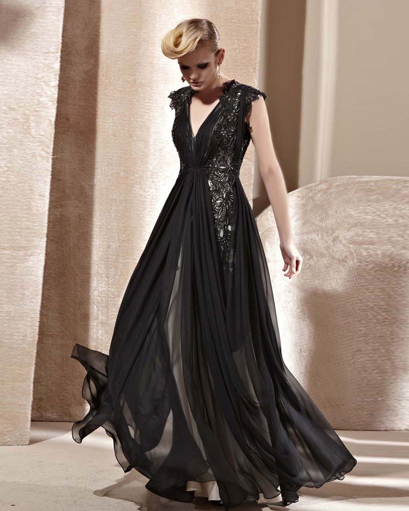 V Neck Beading Flower Sleeveless Zipper Floor Length Charmeuse Woman Evening Dress