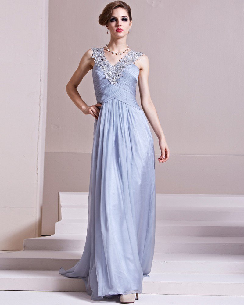 V Neck Sleeveless Floor Length Flowers Beading Tencel Empire Woman Evening Dress