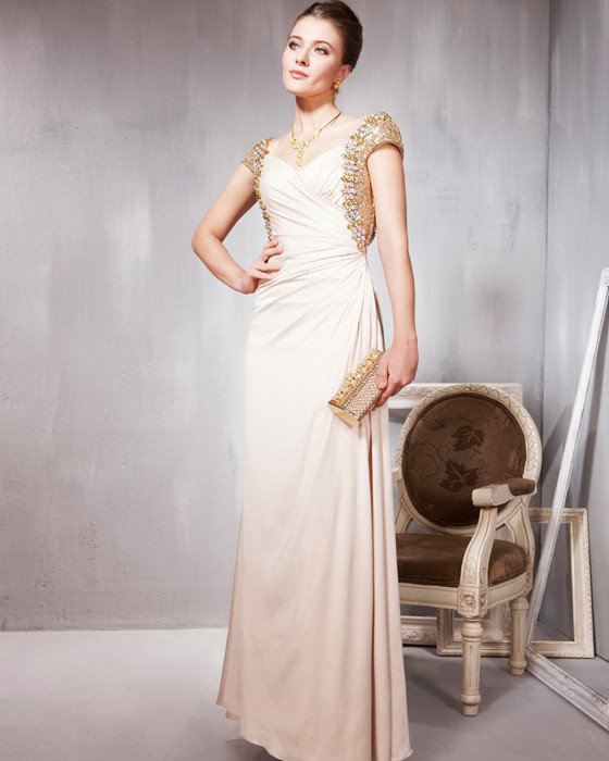 Tencel Sequin Charmeuse Beading Pleated V Neck Floor Length Evening Dresses