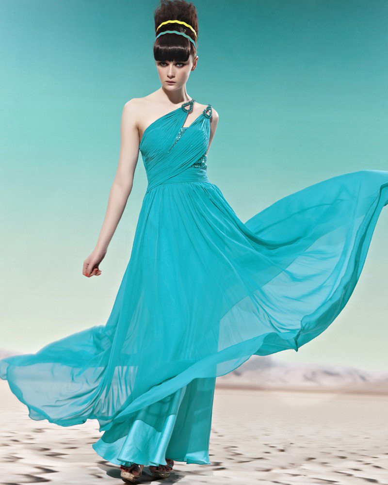 One Shoulder Beading Ruffle Sleeveless Backless Floor Length Charmeuse Woman Evening Dress