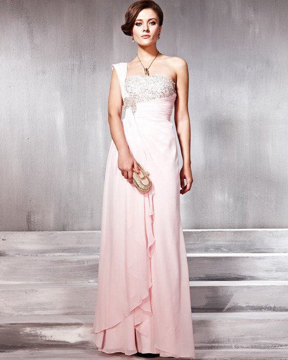 Lace Chiffon Charmeuse Beading One Shoulder Floor Length Evening Dresses