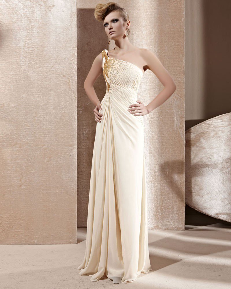 Strapless Twist One Shoulder Beading Ruffle Sleeveless Backless Floor Length Chiffon Woman Evening D