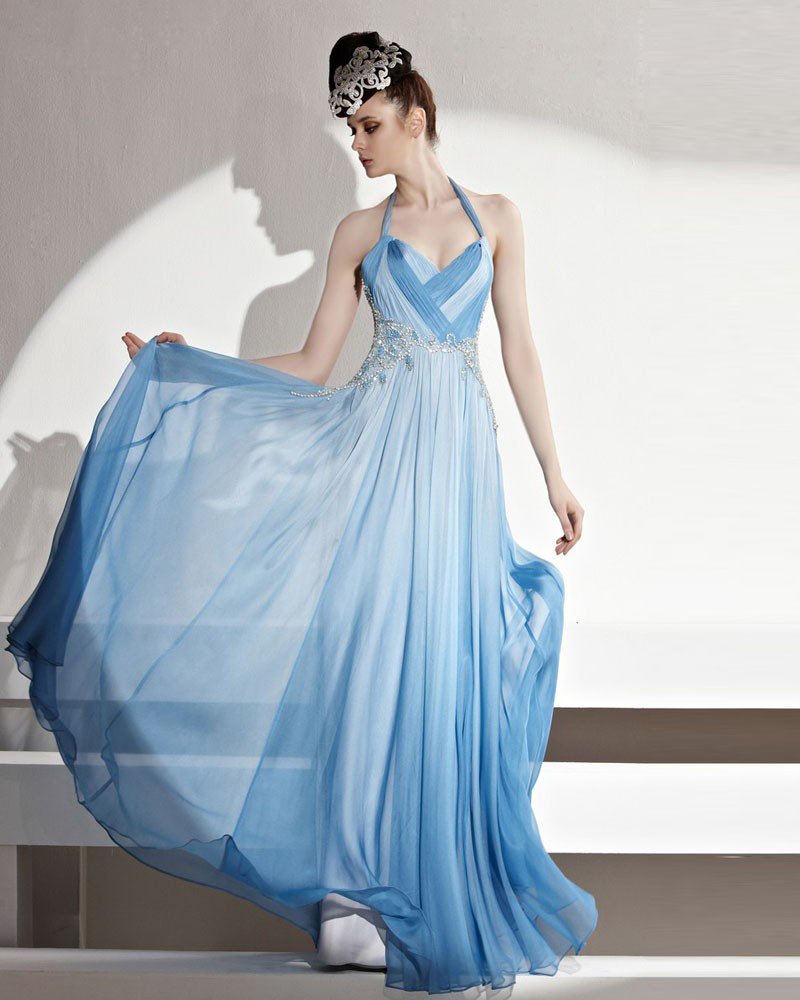 Formal Halter Floor Length Beading Pleated Tencel Women Evening Dress