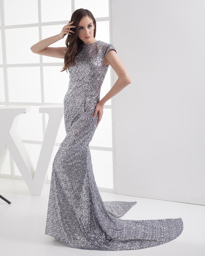 Fashion Sequin Lace Imitation Silk Jewel Floor Length Celebrity Dress