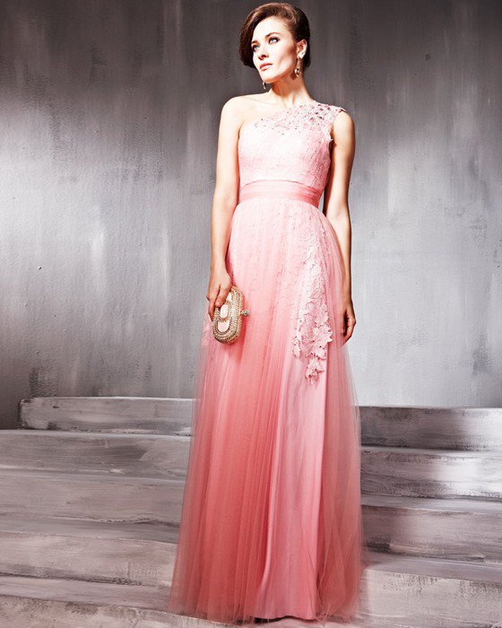 Charmeuse Tulle Beading One Shoulder Floor Length Evening Dresses
