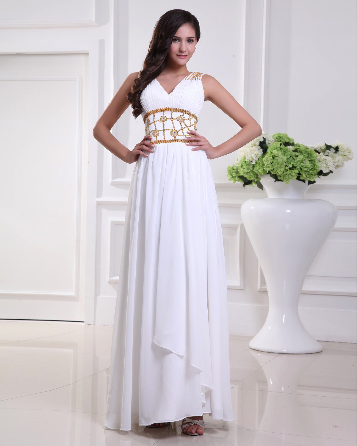 Elegant Floor Length V Neck Pleated Chiffon Beading Flowers Women Evening Dress