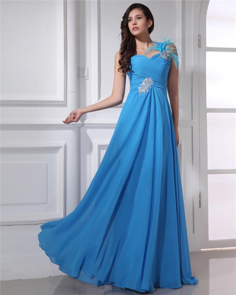 One Shoulder Floor Length Feather Beading Pleated Chiffon Women Evening Dress