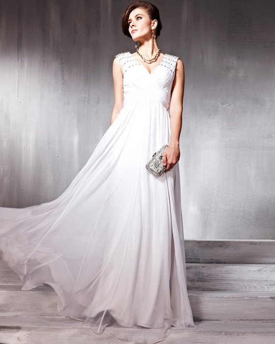 V Neck Beading Hand Flower Silk Charmeuse Floor Length Evening Dresses