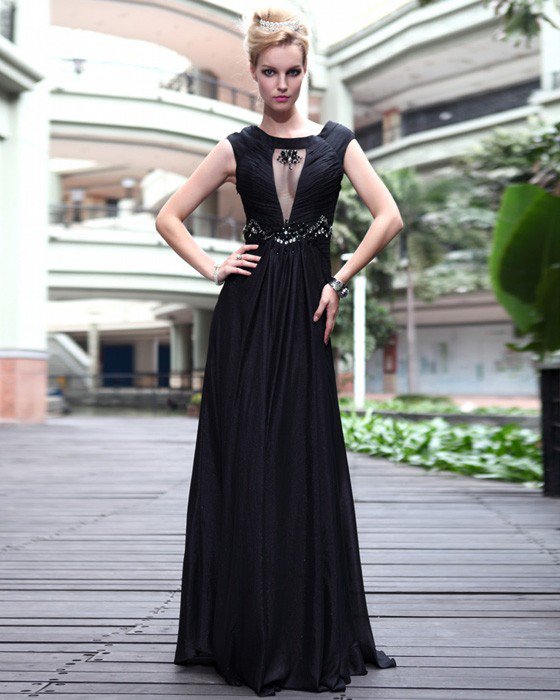 Silk Jewel Rhinestone Pleated Floor Length Evening Dresses