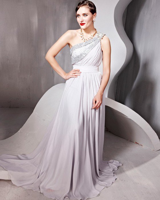 Beading One Shoulder Backless Floor Length Evening Dresses