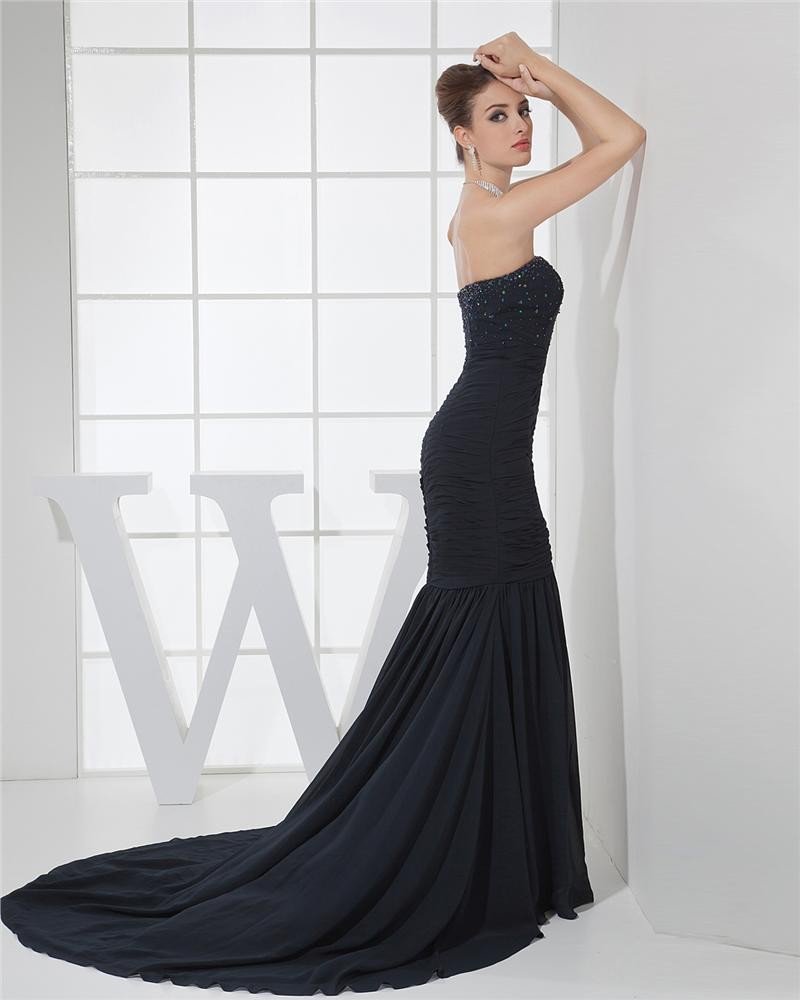 Fashion Chiffon Charmeuse Silk Strapless Court Train Sleeveless Women Evening Dress