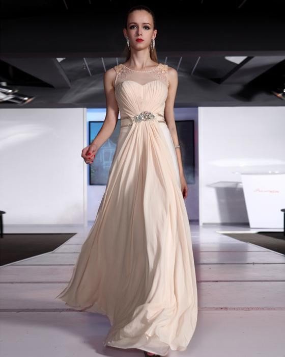 Ruffle Beaded Chiffon Round Neck Floor Length Evening Dresses