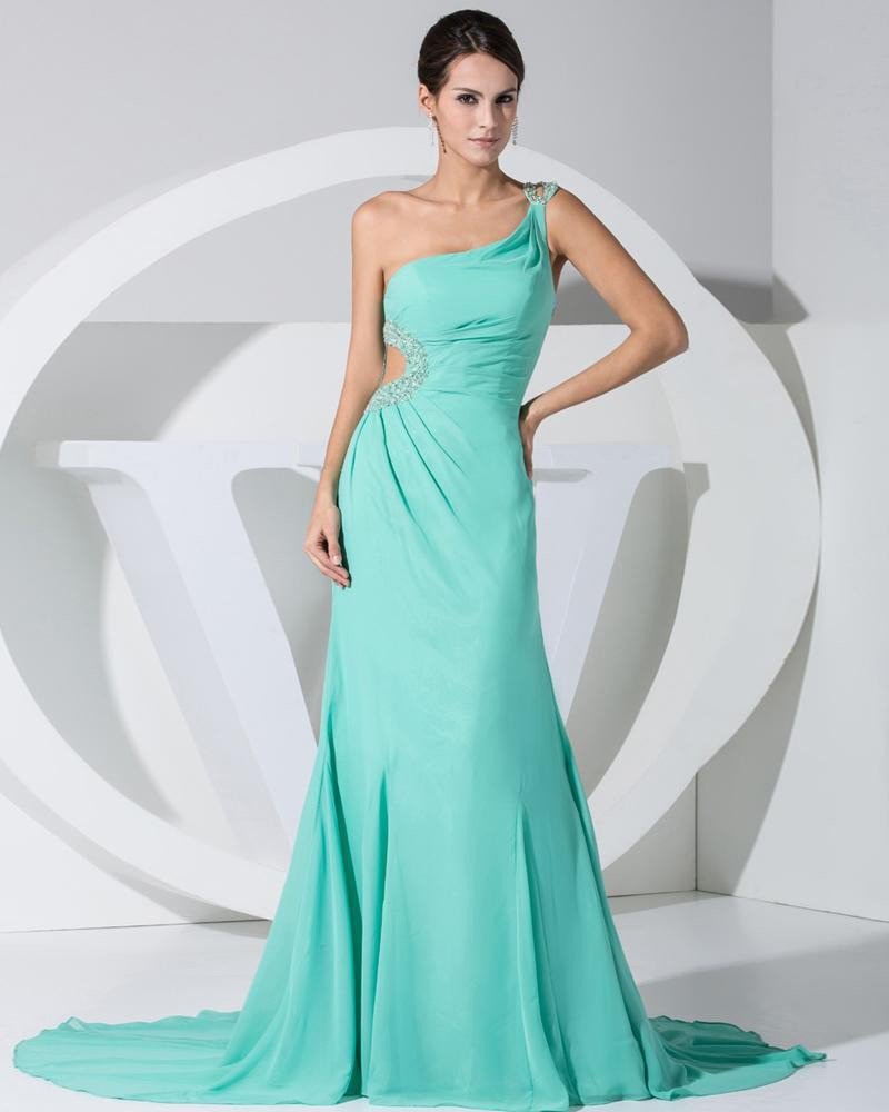 Chiffon Elastic Silk Like Satin Silk Beading Slopping Side Zipper Ruffle Sleeveless Court Train Cele