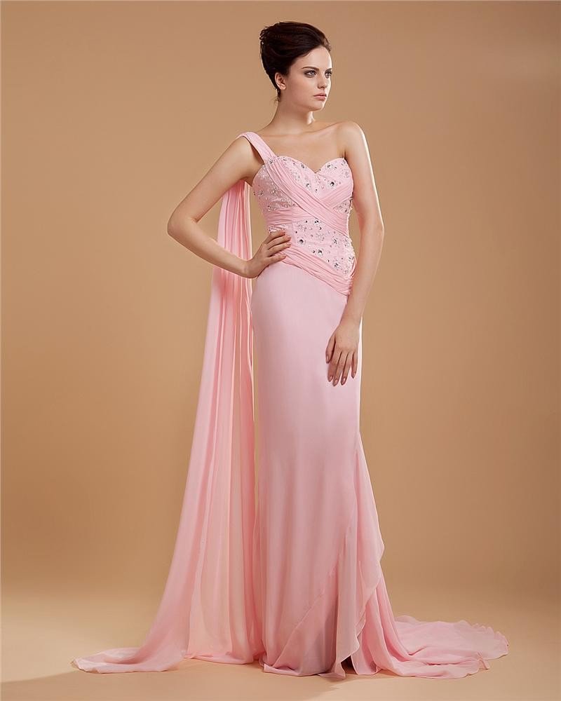 Empire One Shoulder Chapel Train Chiffon Women's Evening Dress