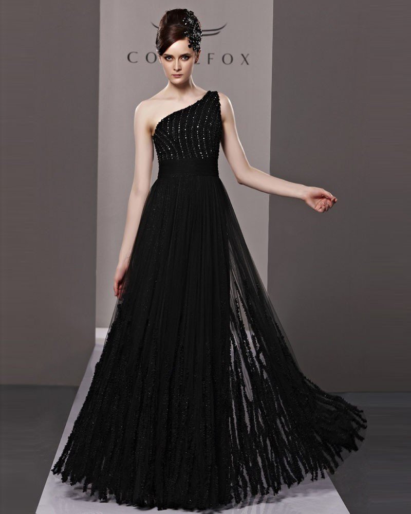 One Shoulder Beading Floor Length Tulle Woman Evening Dress