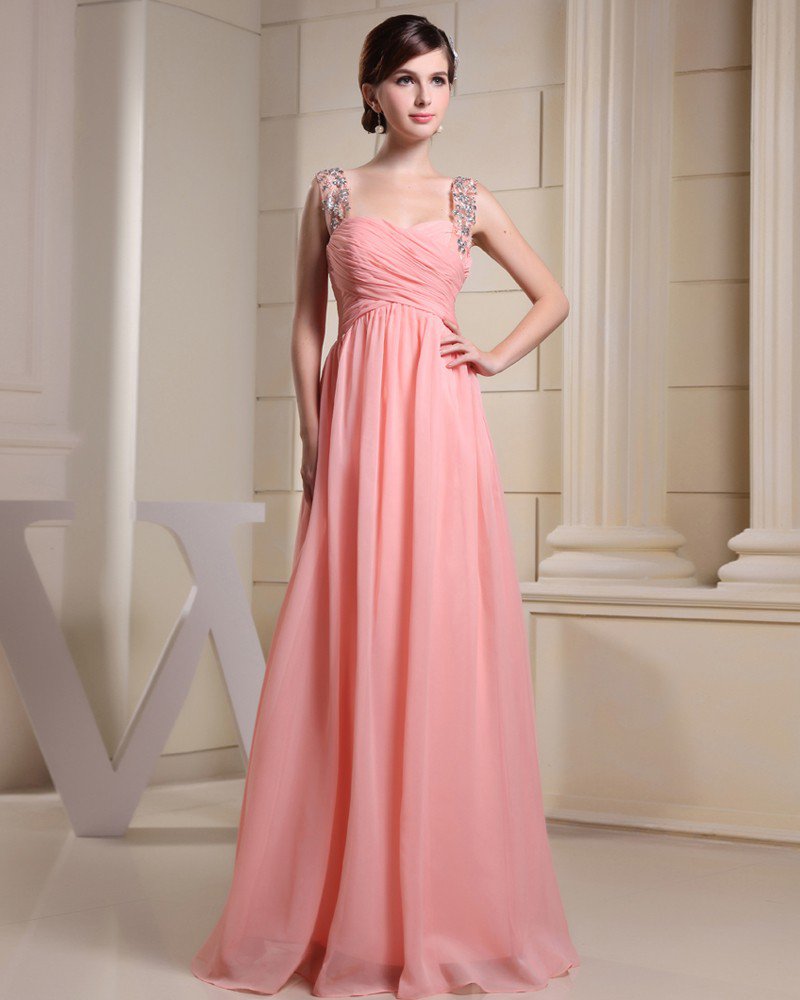 Fashion Chiffon Charmeuse Silk Beaded Pleated Straps Floor Length Sleeveless Women Evening Dress