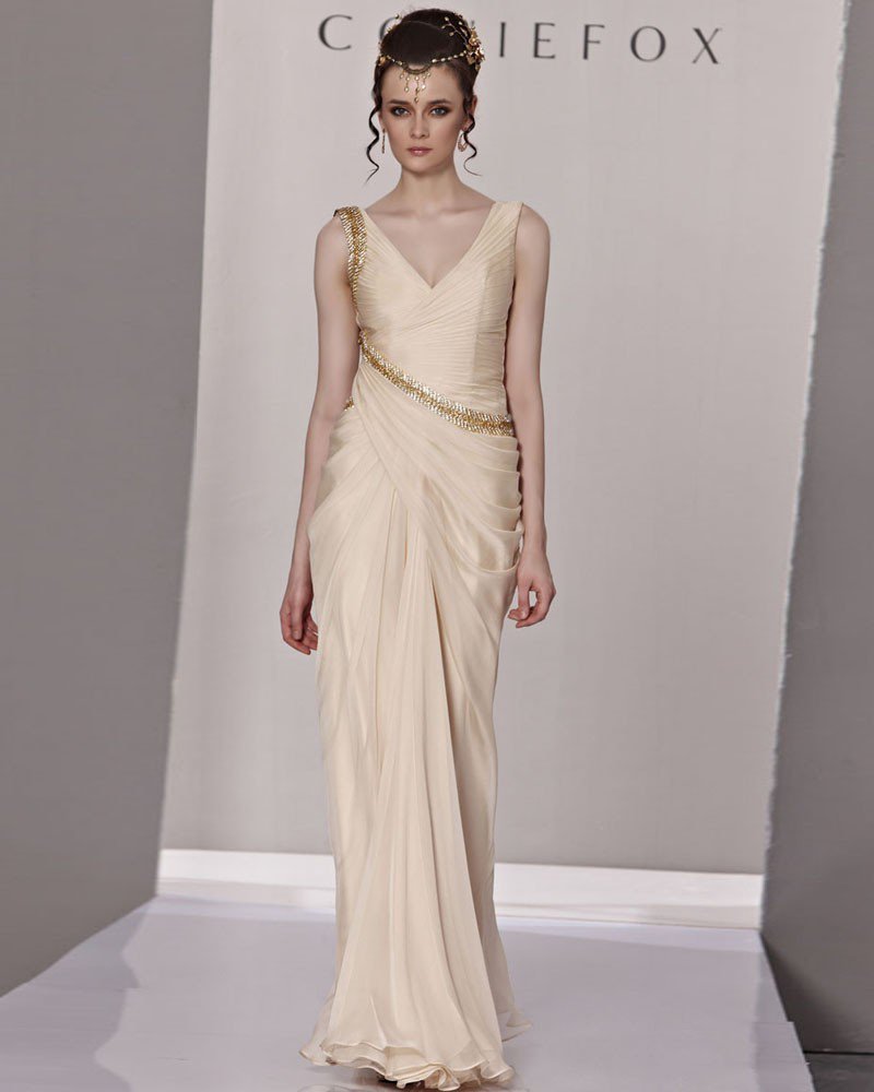 V Neck Ruffle Beading Sleeveless Zipper Floor Length Tencel Woman Evening Dress