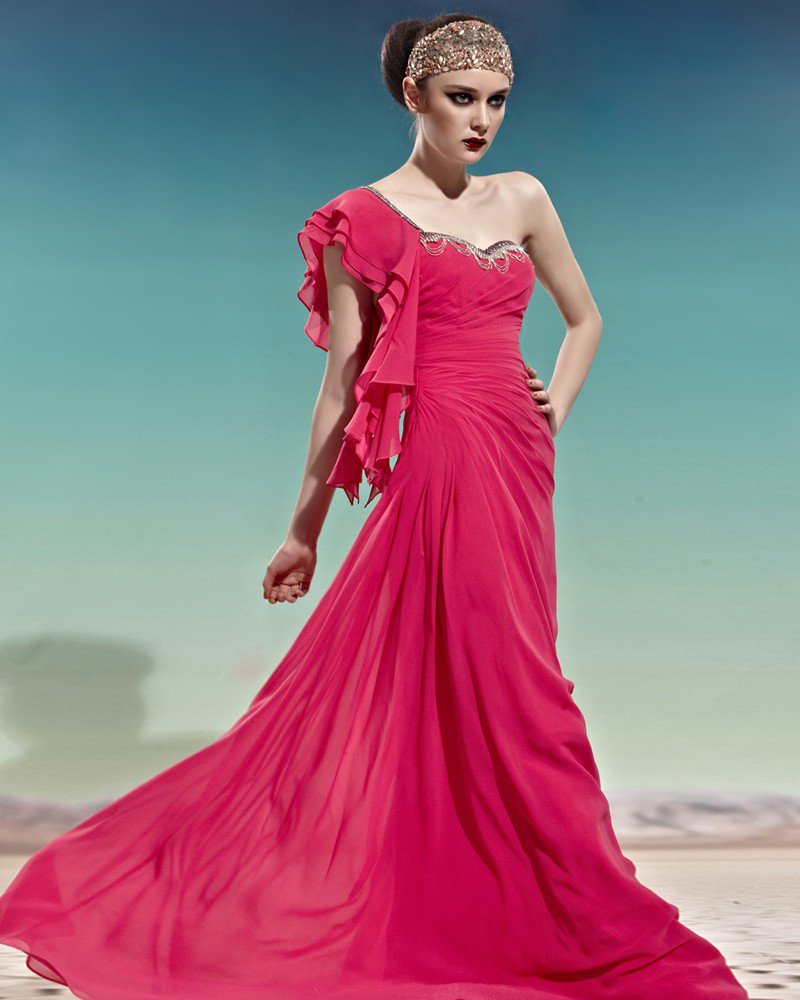 Sweetheart Neck One Side Short Layered Sleeve Backless Tencel Woman Evening Dresses