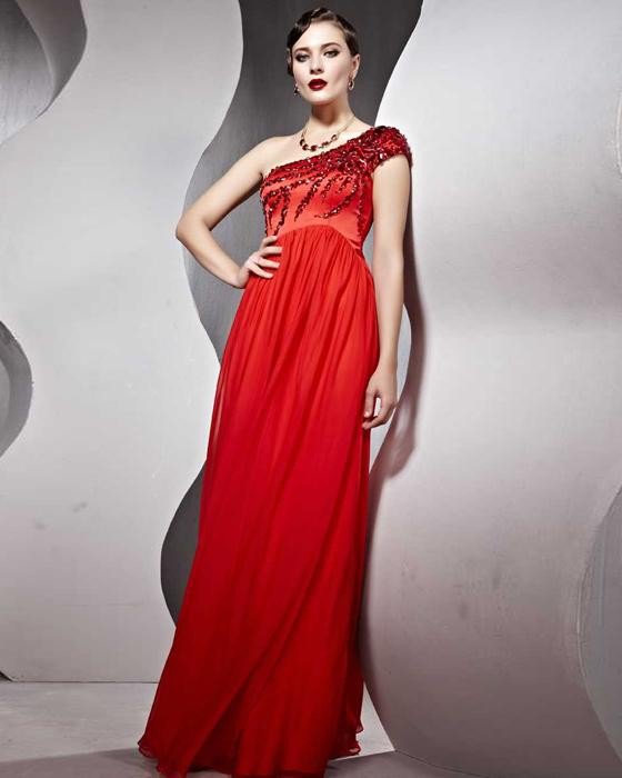 Silk Ruffle Sloping Floor Length Evening Dresses