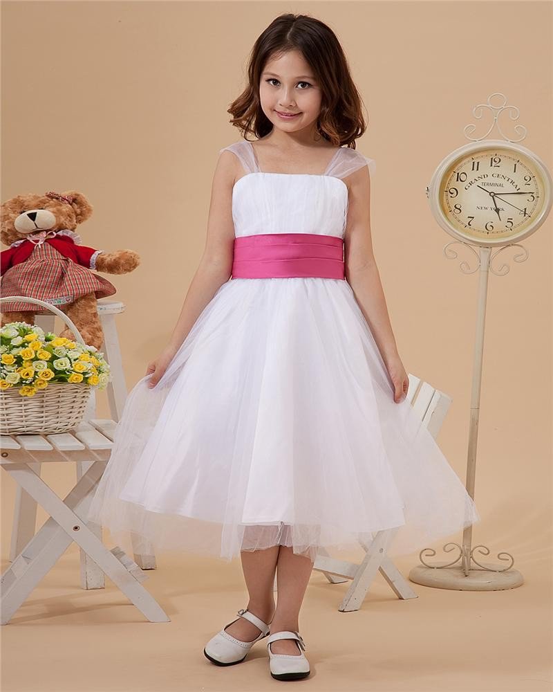 Organza Sash Layered Shoulder Straps Knee Length Flower Girl Dresses 2214120040