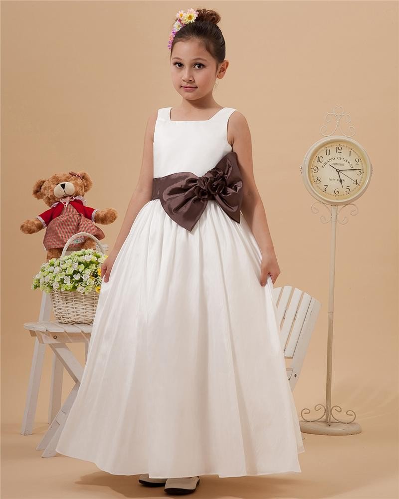 Taffeta Jewel Floor Length Flower Decoration Girl Dresses 2214120072
