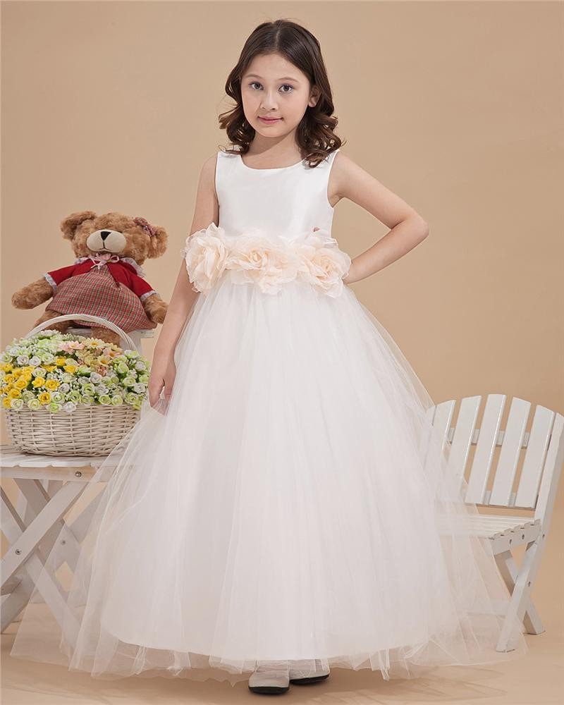 Tulle Pleated Hand Flower Floor Length Flower Girl Dresses 2214120078