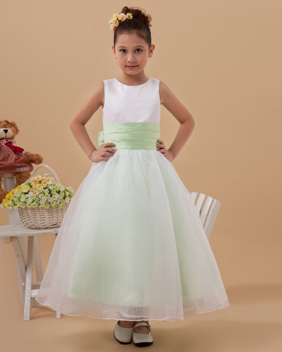 Taffeta Organza Layered Sash Roune Neck Floor Length Flower Girl Dresses 2214120074