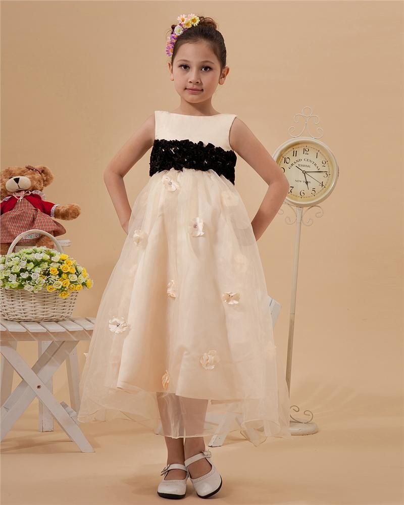 Fashion Jewel Tea-Length Organza Satin Flower Girl's Dress 2214120026
